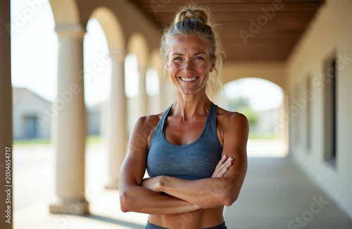 Fit middle-aged woman smiles with arms crossed. She wears athletic clothes standing outdoors. Her confident pose suggests healthy lifestyle and energy. She looks happy and relaxed. Free Download Fit middle-aged woman smiles with arms crossed. She wears athletic clothes standing outdoors. Her confident pose suggests healthy lifestyle and energy. She looks happy and relaxed. - GFXLoad