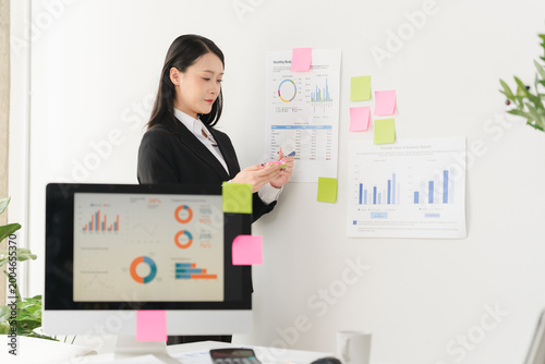 Tableau sur toile Data Analysis and Presentation: A focused professional, meticulously analyzing financial data charts affixed on a wall, showcasing expertise and business acumen