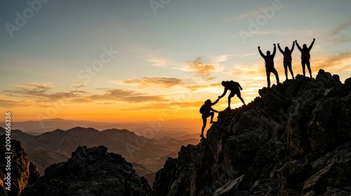 Group of people on peak mountain climbing helping team work , travel trekking success business concept. Silhouette of a business team helping each other climb a mountain peak with copy space