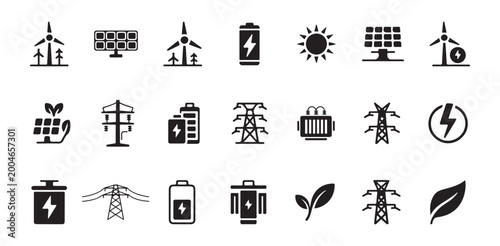Clean energy source icons with solar panels and wind farms.