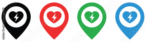 Bild auf Leinwand Automated external defibrillator (AED) emergency icon set, heart and lightning bolt medical rescue symbols, bold flat vector design for healthcare, CPR, and life-saving signage
