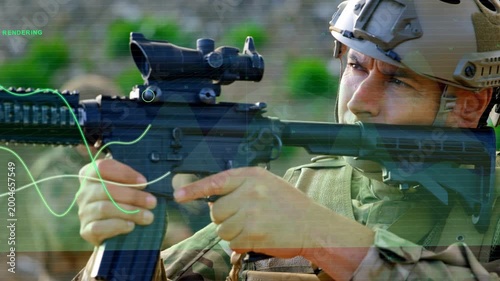 Soldier adjusting rifle grip as rendering status appearing, green waves covering grip for training