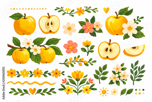 Hand drawn vectorized gouache illustration set of yellow apples, slices, blossoms, and leaves. Includes floral borders and decorative elements for autumn harvest, kitchen decor, and food branding.