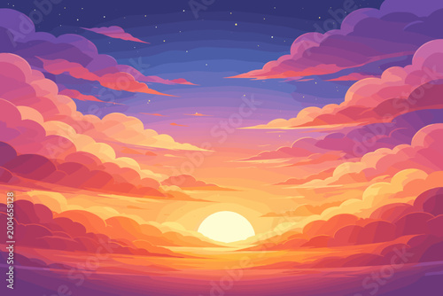 Panoramic Vector Illustration of a Vibrant Sunset Sky with Picturesque Layered Clouds in Shades of Pink, Orange, and Purple, Bright Sun on the Horizon and a Starry Night Sky Background Backdrop.