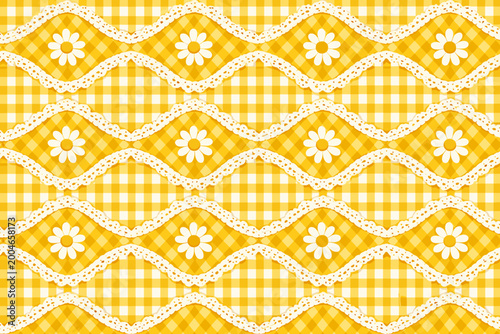 Yellow Checkered Seamless Pattern with White Daisy Flowers and Wavy Lace Rhombus Borders, Cute Retro Gingham Background for Spring Fabric, Wallpaper, Scrapbooking, Textile Design, Cottagecore Art.