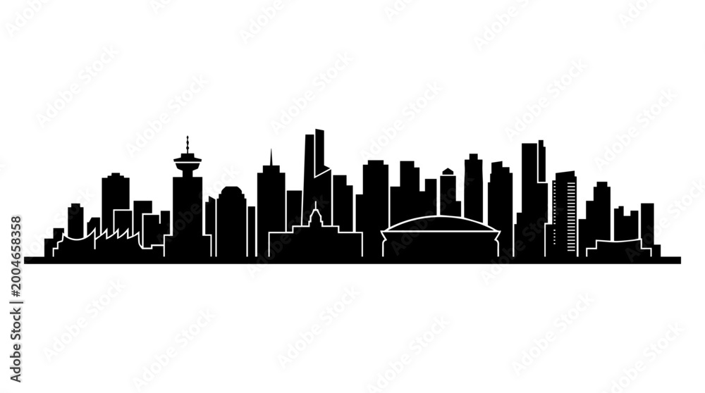 Fototapeta premium Vector silhouette of Vancouver city skyline with modern buildings and mountains, urban architectural landmark art