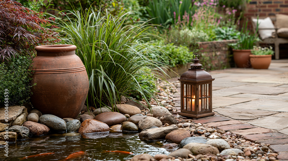 Obraz premium Tranquil Garden Pond: A serene garden scene featuring a small koi pond with fish swimming, surrounded by lush greenery, decorative rocks, a rustic clay pot, and a charming lantern with a lit candle.