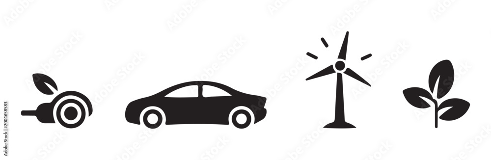 Naklejka premium Eco-friendly icons including electric plug, car, wind turbine, and leaf.