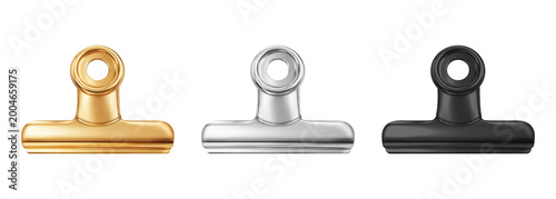 Metal Binder Clip Set Gold Silver Black Paper Clamp Office Stationery Isolated 