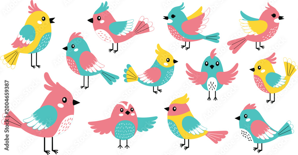 Obraz premium Cute Colorful Cartoon Bird Character Collection in Various Poses with Pink, Teal, and Yellow Colors for Kids, Nature, and Sticker Designs