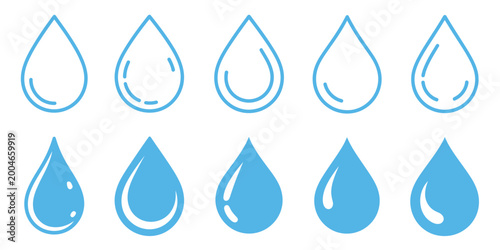 Water drop shape blue water drop icon set representing minimal droplet symbols, rain, oil drop, freshness, hydration, splashing liquid, refreshing water
