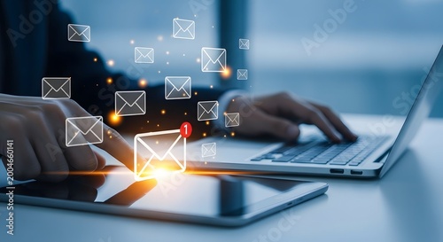 Business person managing email communication workflow with digital envelope icons floating over laptop and tablet