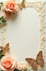 Creamy floral frame with peach roses and golden butterflies adorns blank space. Elegant design for invitations greeting cards wedding announcements and stationery.