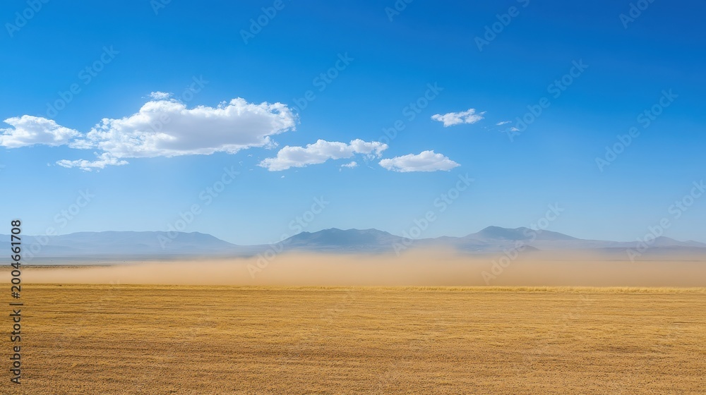 Fototapeta premium Dust storm obscuring distant mountains across a dry desert landscape under a blue sky with scattered clouds