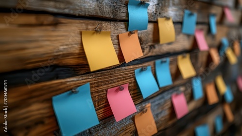 Colorful sticky notes adorn a rustic wooden wall, capturing brainstormed ideas and project planning in a focused session.