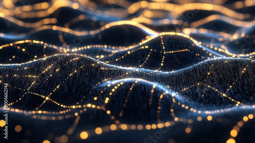 Intricate digital network with golden light flowing through data pathways, illustrating AI powered logistics and supply chain management.