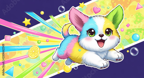 Playful Cartoon Chihuahua Surrounded by Colorful Geometric Shapes and Bubbles on a Fun Background
