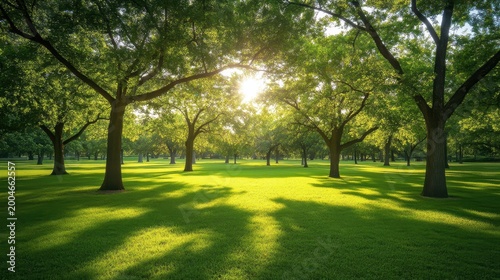 Sunlight filtering through a lush green park canopy, casting dappled shadows on a serene grassy meadow