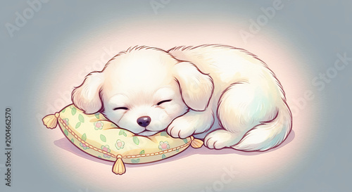 Cute Creamy White Puppy Snuggled on a Soft Pillow, Captured in Beautiful High Resolution Detail