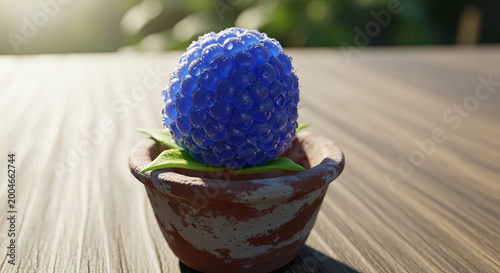 Stunning Close-Up of a Vibrant Blue Raspberry-Like Fruit in Terra-Cotta Pot on Rustic Wooden Surface