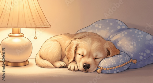 Charming Puppy Dreaming Peacefully on Cozy Fluffy Pillow Next to Soft Glow of Table Lamp Light