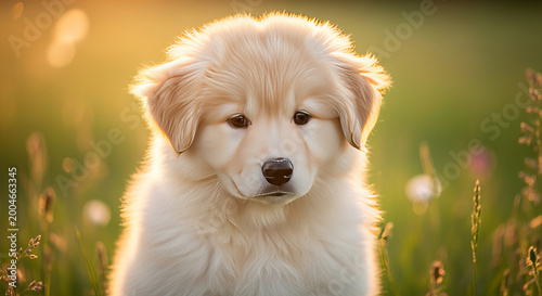 Adorable Golden Retriever Puppy Sitting in a Lush Green Meadow Under Bright Sunshine, Full of Joy