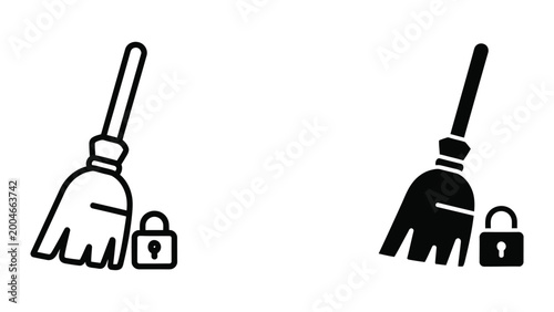 Slika na platnu Locked broom and dustpan icon set with padlock symbols