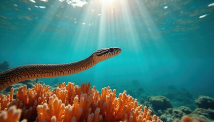 Sea snake swims above bright coral reef. Sun rays pierce blue ocean water. Underwater reptile hunts near colorful marine life. Ocean floor scenery.