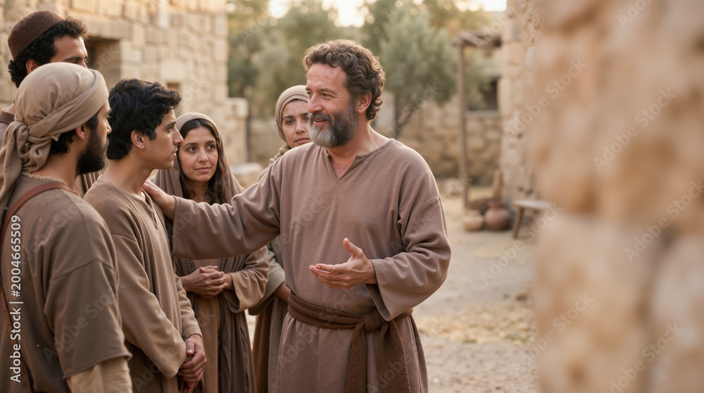 Obraz premium Apostle teaching a group of followers in an ancient village. Biblical scene with people in traditional robes