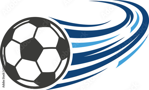 Soccer ball travels fast within a curved motion trail of deep blue energy.