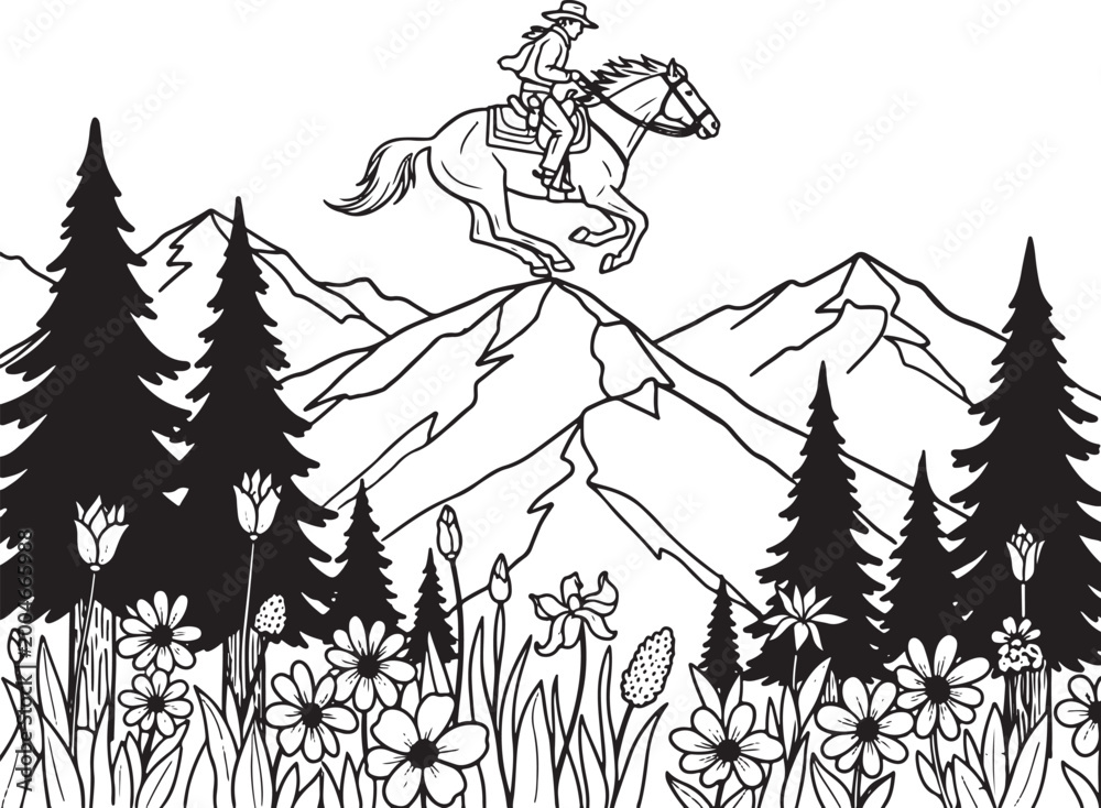 Obraz premium Black and white illustration of cowboy riding horse in mountains with trees and flowers