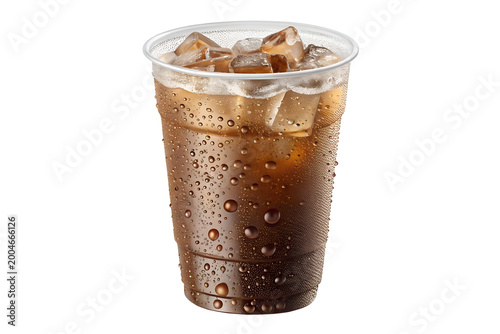 A refreshing plastic cup of iced cola soda with bubbles and condensation droplets for a cold summer drink