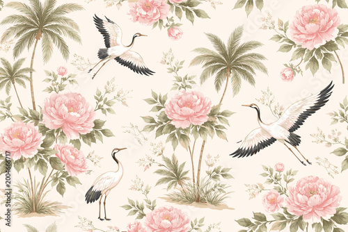 Elegant Vintage Chinoiserie Pattern with Graceful Cranes, Pink Peonies, and Tropical Palm Trees; Seamless Botanical Wallpaper Design with Exotic Birds and Flowers for Luxury Interior Decor