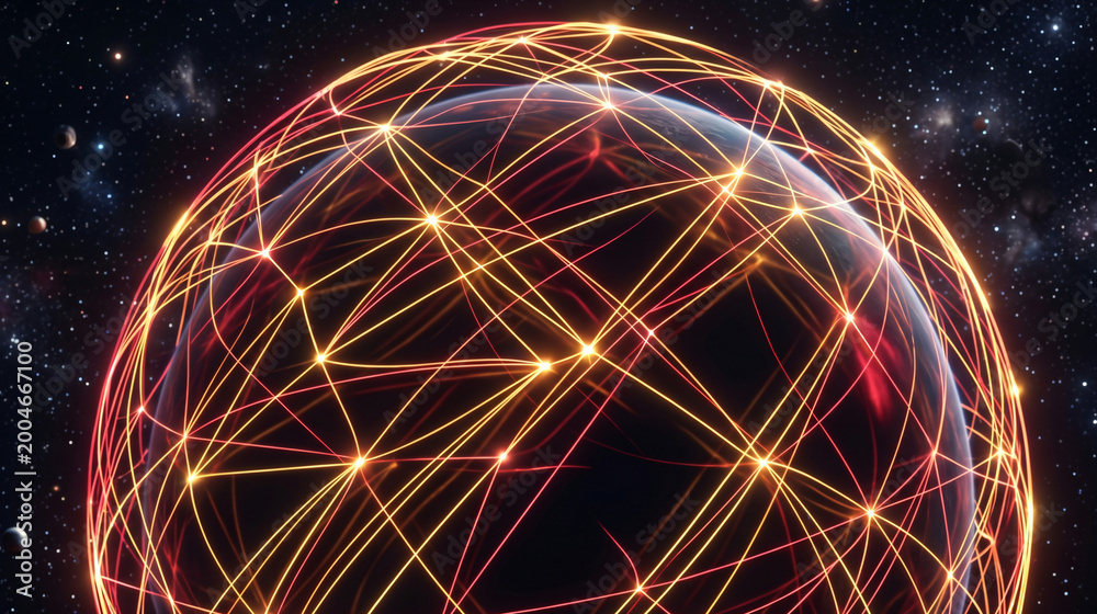 Fototapeta premium Dark earth globe covered by a dense glowing red and orange communication network grid