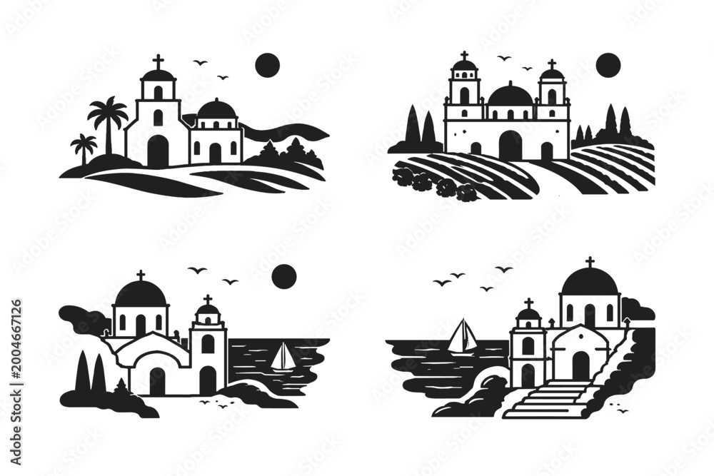 Obraz premium Set of minimalist black and white vector icons featuring Spanish missions and Greek orthodox churches in scenic landscapes with palm trees, vineyards, coastal cliffs, sailboats, and sun.