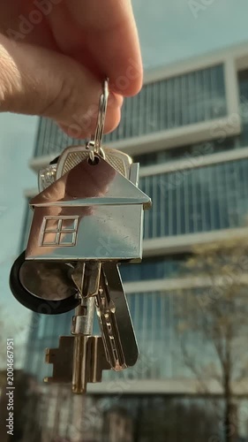 Vertical video. Moving to new apartment, buying or renting real estate. Hand showing bunch of keys in background of new building
