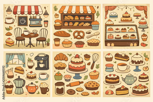 Φωτογραφία Vintage Hand Drawn Cafe and Bakery Illustration Set Featuring Whimsical Cartoon Posters of Coffee Pastries Cakes Bread and Baking Tools for Charming Kitchen Decor Banners and Prints