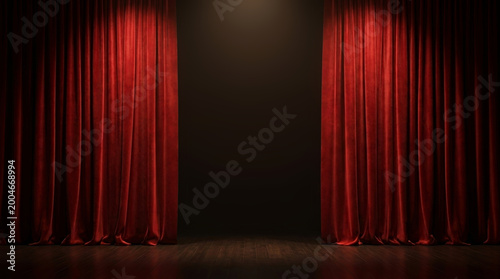 Red velvet theater curtains open on empty stage with spotlight and copy space