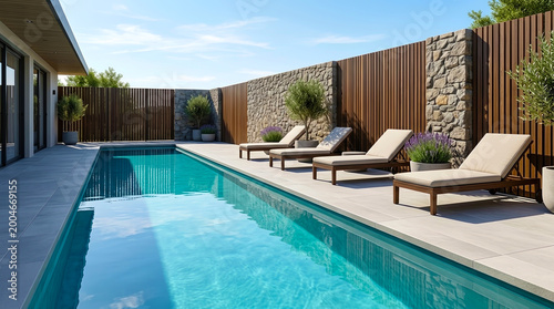 Luxury modern lap pool with sun loungers and decorative stone and wood privacy wall