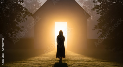 Woman silhouette walking toward a glowing doorway in mist, spiritual journey of faith, ethereal light at end of tunnel, afterlife concept, religious hope and transition.