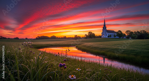 White country church at sunset under a fiery red sky, peaceful reflection in water, rolling green fields with wildflowers, spiritual landscape, tranquil christian faith concept.