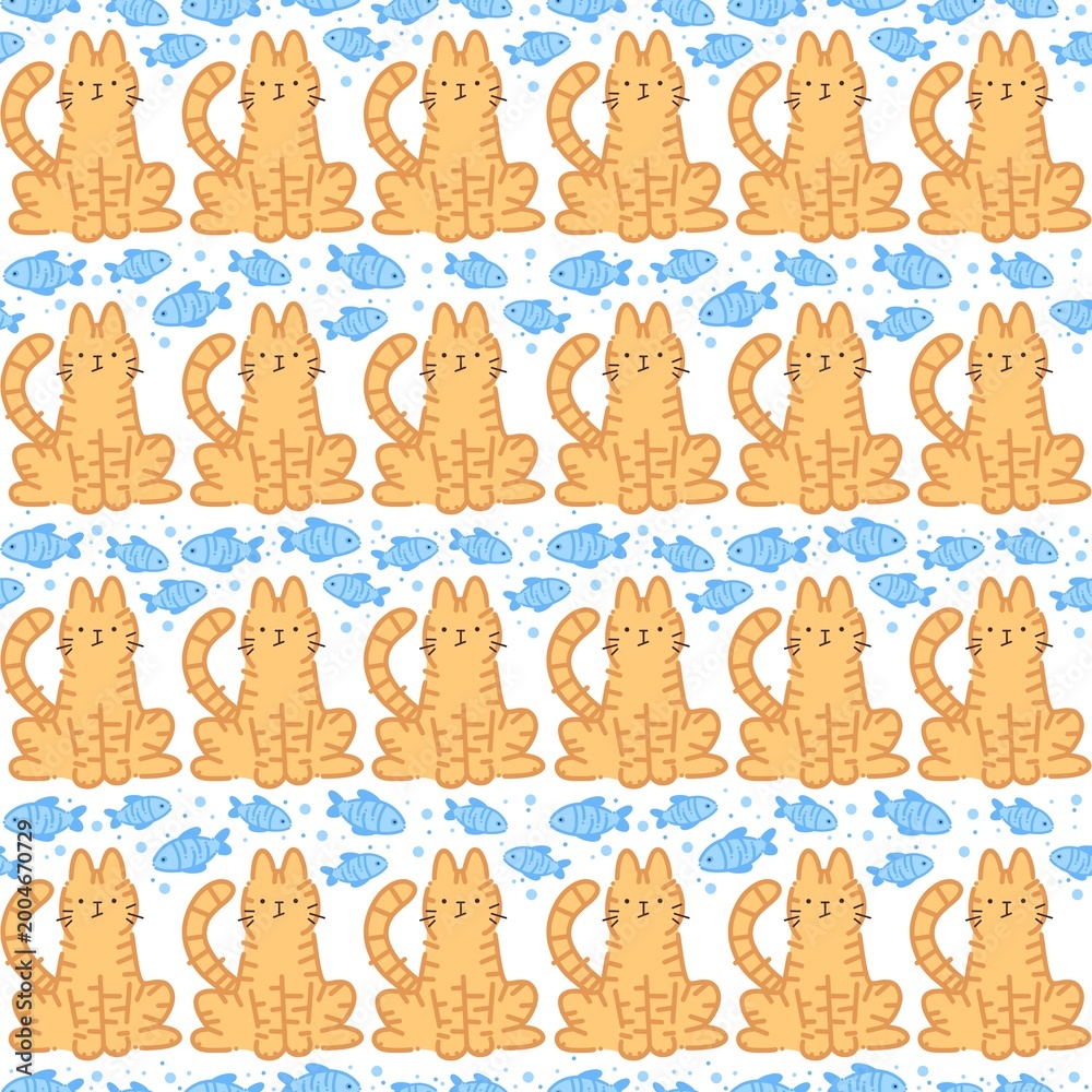 Fototapeta premium Seamless Pattern with Cute Orange Tabby Cat and Blue Fish on White Background