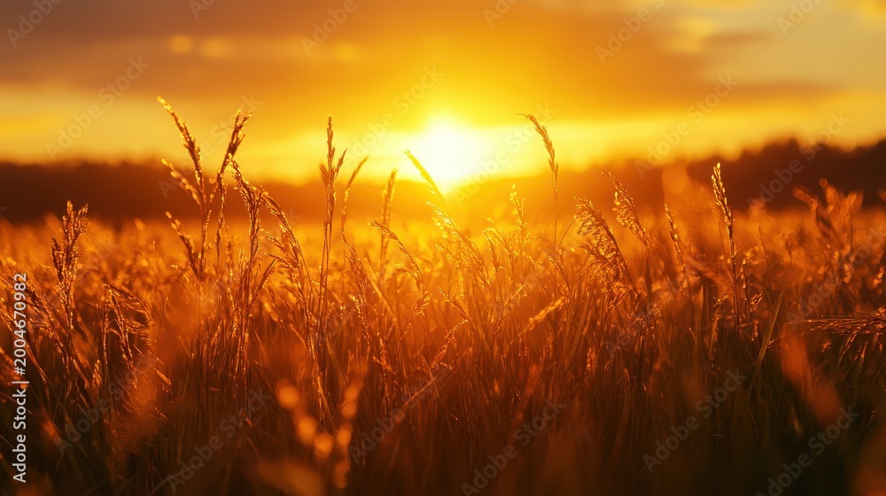 Fototapeta premium Golden sunrise illuminates a serene field of wheat, casting a warm, ethereal glow over the tranquil morning landscape.