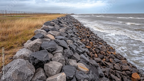 Coastal erosion control project featuring a massive rock wall protecting the shoreline from ocean waves