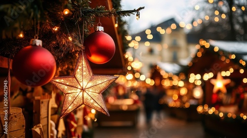 Illuminated Christmas market stall adorned with festive star and bauble, showcasing vibrant twinkling lights in a lively holiday atmosphere.
