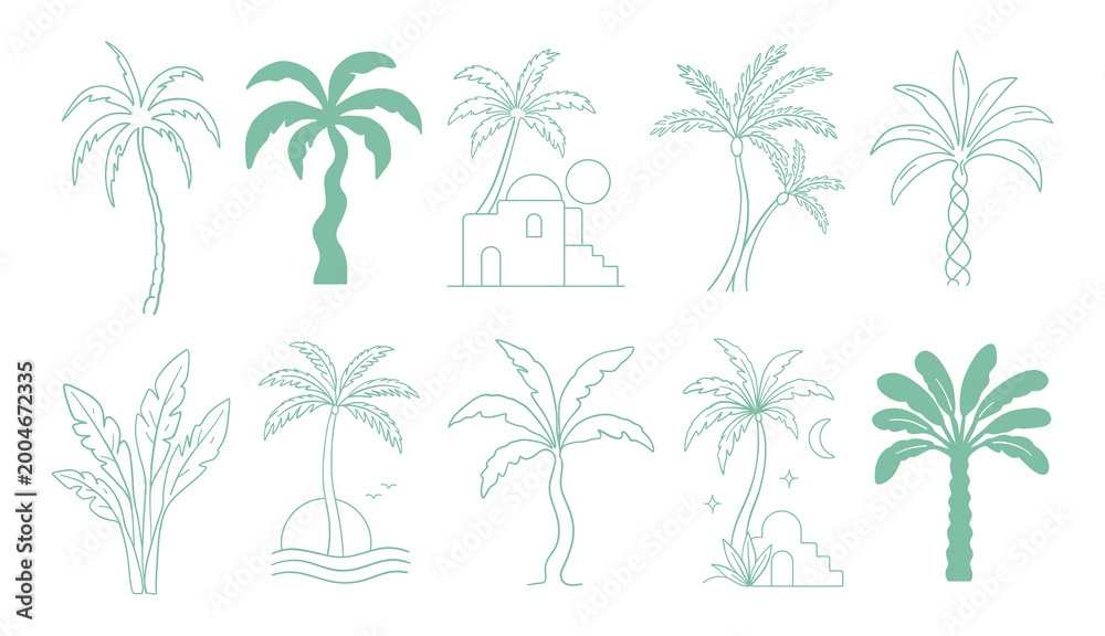 Obraz premium Collection of palm tree icons and tropical doodle elements, hand drawn minimal line art silhouettes for beach, summer and travel design, resort themes, tattoo graphics, packaging, t shirt prints, post