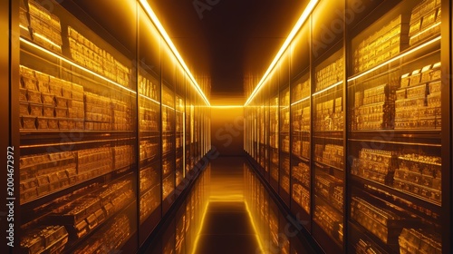 Gleaming gold bars stored securely in illuminated vault with advanced security systems