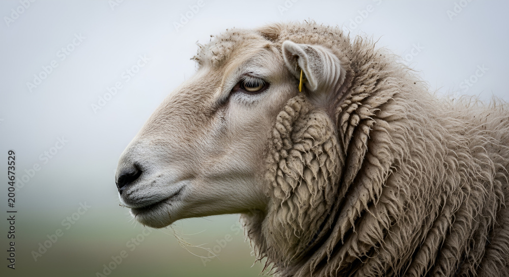 Fototapeta premium White sheep profile for Eid al-Adha celebration, wooly sacrificial ram head with ear tag, livestock for Qurbani sacrifice, rural farm animal portrait, Islamic holiday theme.