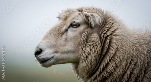 White sheep profile for Eid al-Adha celebration, wooly sacrificial ram head with ear tag, livestock for Qurbani sacrifice, rural farm animal portrait, Islamic holiday theme.