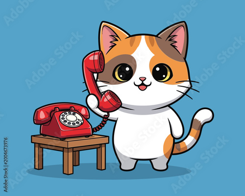 Adorable calico cat answering a vintage red rotary phone